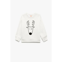Koton Erkek Bebek Yılbaşı Baskılı Uzun Kollu Şardonlu Bisiklet Yaka Sweatshirt Ekru