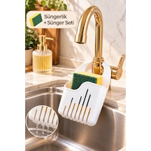 Porsima Musluğa Asılabilir Beyaz Mutfak Evye Süngerlik Düzenleyici + Bulaşık Süngeri Hediyeli Set 17 Cm