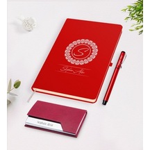 Kişiye Özel Isimli Kırmızı Defter Kalem Kartvizitlik Hediye Seti- (505048511)