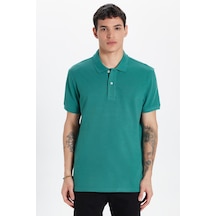 Tudors Erkek Slim Fit Dar Kesim %100 Pamuk Yeşil Yaka Tişört-32772 Eğrelti Yeşili Yeşil