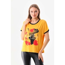 Sistas Kadın Desenli Ve Yazı Detaylı Kısa Kol Bluz 23085 Sarı