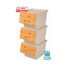 3 Katlı Tekerlekli Kapaklı Saklama Kutusu, Eşya Ve Erzak Organizer 3x12 Litre Bambu Bej Bej