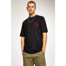 Unisex Bisiklet Yaka Oversize Baskılı T-shirt - Siyah Siyah
