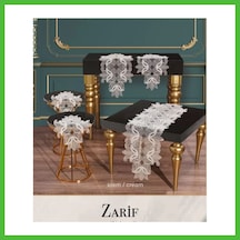 Vaveni Salon Takımı 5 Parça Dantelli Masa Örtüsü Runner Seti Çeyizlik Zarif Model Krem Arz