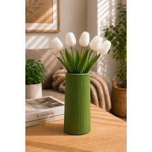 5 Adet Beyaz Lale Ve 20 Cm Yeşil Plastik Dekoratif Vazo Modern Ev Ve Ofis Dekoru Renkli