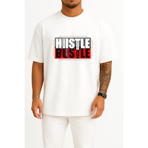 Bahriyeli Collection Oversize Hustle & Bustle Göğüs Tasarımlı Unisex T-shirt Beyaz