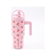 Hydrapeak Pembe Kiraz Desenli Kulplu Termos Mug - Pipetli Paslanmaz Çelik Tumbler