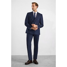 Süvari Lacivert Slim Kruvaze Yaka Düz Armürlü Torba Cep 6 Drop Takım Elbise Stk1006900003-m09