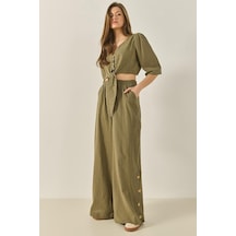 Kadın Bağlama Detaylı Bluz Astarlı Paçası Düğmeli Pantolonlu Astarlı Alt-üst Takım 9266 60281046 - Haki