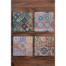 Doğal Taş Bardak Altlığı Uv Baskılı 4'lü Set Desenler -tile Stone Coasters Çok Renkli
