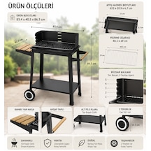 Tekerlekli Kömürlü Barbekü Mangal 83x40,5x86,3 Cm Bambu Yan Masalı, Krom Izgaralı, Bahçe Ve Balkon İçin Siyah