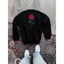 Oversize Üç İplik Bisiklet Yaka Baskılı Sweatshirt - Siyah Siyah