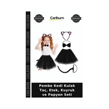 Özel Üretim Kostüm Parti Çocuk Eğlenceli Aksesuar Pembe Kedi Kulak Taç, Etek, Kuyruk Ve Papyon Seti