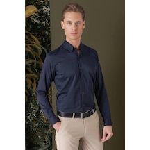 Efor Slim Fit Düğmeli Yaka Esnek Pamuk Klasik Lacivert Gömlek Gk 708 Lacivert
