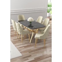 Canisa Asel Serisi 90x160 Lak Panel Siyah Mermer Desen Gold Detay Masa Takımı Ve 6 Krem Sandalye Siyah Mermer Desen Masa Krem Sandalye Ayaklar Gold