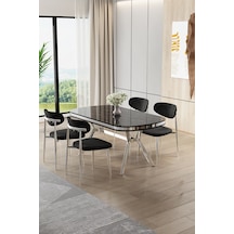 Canisa Olya Serisi 90x168 Lak Panel Sonata Masa Takımı Krom Ayaklı 4 Siyah Sandalye Sonata Masa Siyah Sandalye