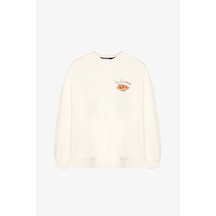 Quzu Kruvasan Baskılı Oversize Sweatshirt Ekru
