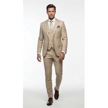 Erkek 3 Parça Slim Fit Takım Elbise Klasik Likralı Kumaş, Tek Düğme, Çift Yırtmaçlı Modern Kesim Ceket Yelek Pantolon Bej