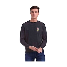 Sevimli Baykuş Göğüs Baskılı Füme Erkek Sweatshirt