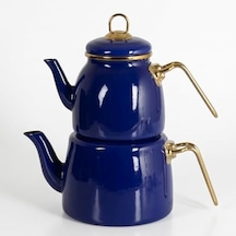İçten Kaplamalı Emaye Çaydanlık Takımı - Gold Detaylı Nostaljik Alt Üst Çay Seti 1.2 Litre + 2 Litre - 3 Renk Seçeneği Mavi