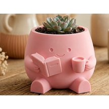 3d Baskı Kitap Okuyan Saksı - Kupa Tutan Sevimli Saksı-pembe