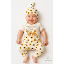 Babyden's 3 Lü Yenidoğan Takım Babaannesinin Balı Baskı Kısa Kol Body Arı Çiçek Desenli Ribana Pantolon Bere Ekru
