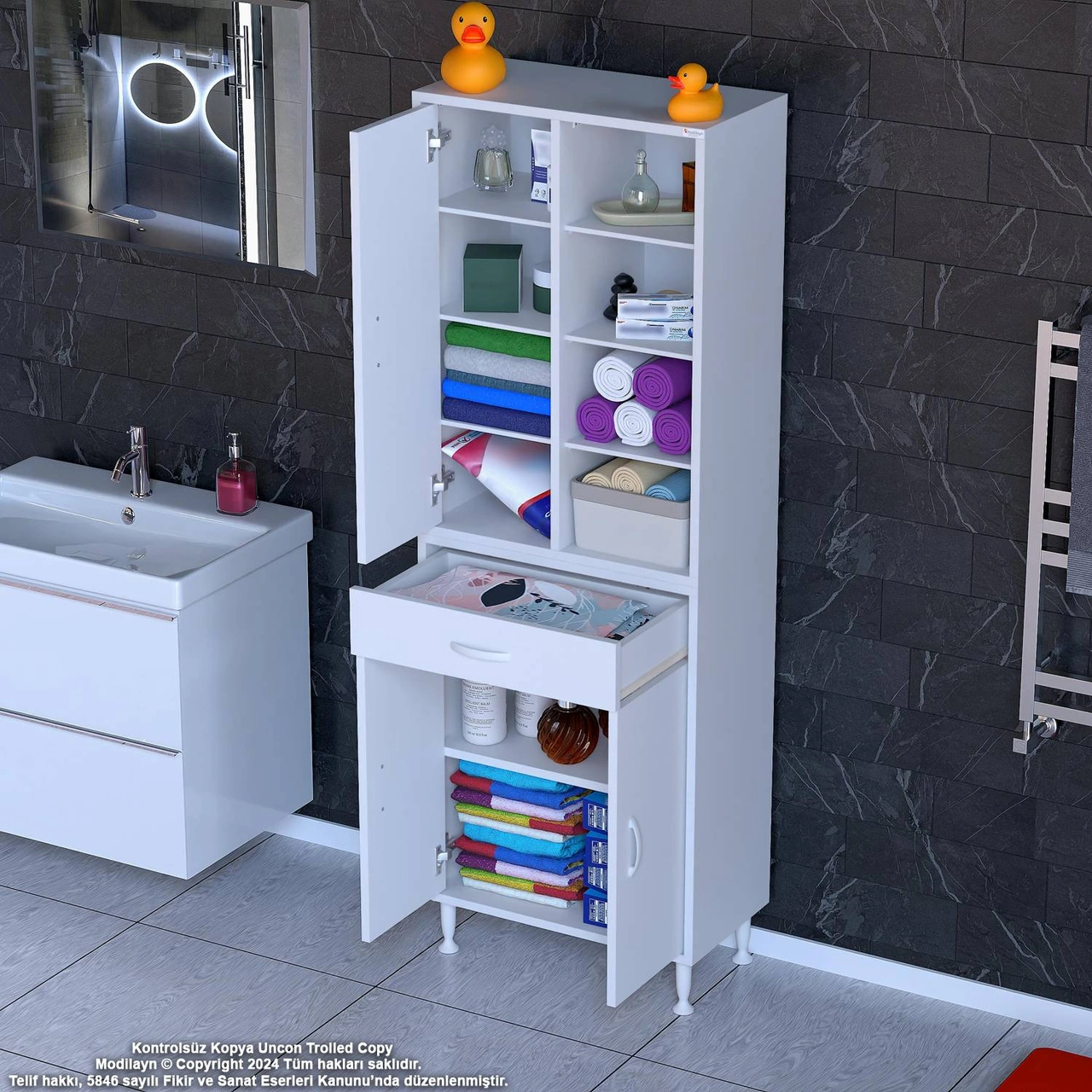 Kayra Banyo Ve Mutfak Dolabı Çok Amaçlı Dolap Tek Çekmece 3 Kapak 7 Raf 10 Bölme 65x173x32,5 Cm Beyaz