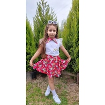 MODAVALS DANTELLİ KOLYELİ ÇİÇEK DESENLİ KIZ ÇOCUK ETEKLİ KOMBİN - KIRMIZI Çok Renkli