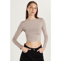Tudors Kadın Slim Fit Dar Kesim Bisiklet Yaka Sırt Detaylı Vizon Bluz-33981 VİZON