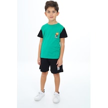 Toontoy Kids Toontoy Erkek Çocuk 2'li Takım Baskılı Bisiklet Yaka Tişört & Beli Lastikli Cepli Şort Koyu Yeşil