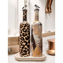 Leopar Desenli Zeytinyağı Sıvıyağ Şişesi Yağdanlık Yağlık, Sirkelik, Sosluk 2'li Set, Ev Dekoru Kahverengi