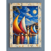 Ahşap Eskitme Çerçeve Desenli Mehtaplı Limanda Yelkenli Temalı Dekoratif Ahşap Tablo 52x72 Cm
