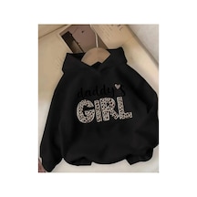 Herkesemoda Gırl Baskı Detaylı İçi Polarlı Kapüşonlu Sweatshirt Siyah