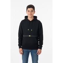 Kapşonlu Kanguru Cepli Detaylı Erkek Çocuk Sweatshirt-90838 Siyah