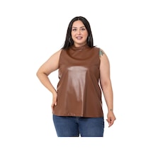 Disentis Büyük Beden Dik Yaka Kolsuz Deri Kadın Bluz Taba Disentis Büyük Beden Dik Yaka Kolsuz Deri Kadın Bluz Taba
