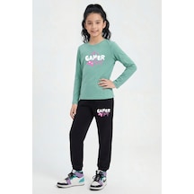 Panios Kids Yuvarlak Yaka Uzun Kollu Baskı Detaylı Kız Çocuk Alt Üst Takım Mint Yeşili