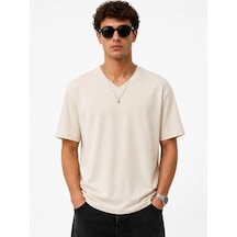Erkek V Yaka Basic Tişört Kısa Kol Yazlık Regular Fit T-shirt - Bej Çok Renkli