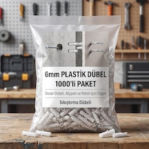 6mm Plastik Dübel 1000'li Paket Duvar Dübeli, Alçıpan Ve Beton İçin Uygun Sıkıştırma Dübeli