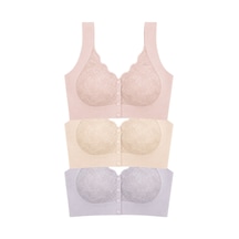 Cottonill Seamless Bra - Lunessa Lazer Kesim Dikişsiz Önden Düğmeli Dantelli Minimizer Kadın Sütyen 3'lü Paket Çok Renkli