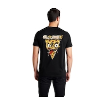 Paybuy Erkek Komik Pizza Yüz Baskılı Kısa Kollu Tişört %100 Pamuk Rahat Siyah