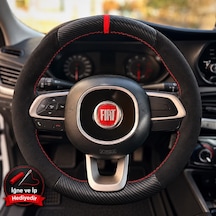 Fiat Egea Hatchback Dikme Direksiyon Kılıfı Alcantara Süet Mat Karbon Kırmızı Yüzük Ve Dikiş 2016-2021 Siyah