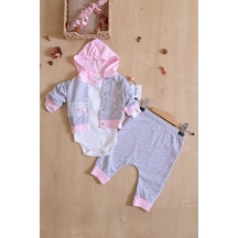 Sitilin Kız Bebek Tavşan 3 Lü Kapişonlu Bebek Takım Seti Stl6418 Gri - Pembe
