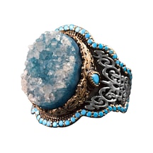 El Yapımı 925 Ayar Gümüş Erkek Yüzük İle Doğal Taş - Kültürel Tasarım Mavi Drusy Kristali Gümüş