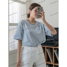 Flood Of Style Unisex Bay Harfli Grafik Düşük Omuzlu Tişört Kod-1341 Mavi