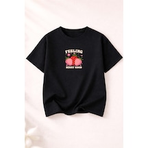 Herkesemoda Feelıng Baskı Detaylı Kadın Bisiklet Yaka Pamuklu T-shirt Siyah