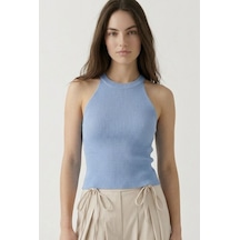 Neden Tekstil Kadın Fitilli Halter Yaka Crop Bluz - Mavi