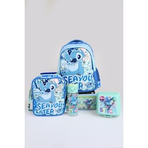 X Dekomus Lisanslı Stitch "ıconic Blue Collection" Okul, Termoslu Beslenme Ve Kalem Çantası, 500 Ml Matara Ve Beslenme Kabı Seti Altın