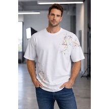 Tarz Cool Erkek Oversize Baskılı Tişört Renkli Boya Desenli Modern Streetwear Beyaz