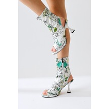Hansy Beyaz Floral Baskılı Burun-topuk Dekolteli Fermuarlı Yazlık Topuklu Ayakkabı 001