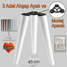 3 Adet Ahşap Ayak 45 Cm Beyaz M8 Civatalı Bağlantı Aparatlı Mobilya Tabure Sehpa Masa Destek Ayağı Beyaz